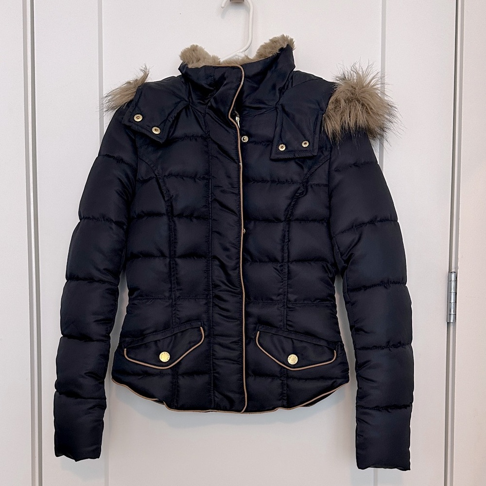H&M Divided Women's Puffer Jacket with Faux Fur Trim, Navy, Size 4